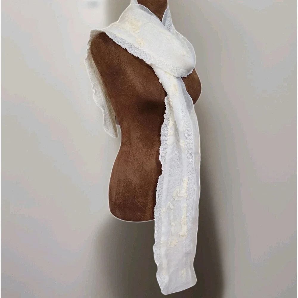 Coldwater Creek Long Scarf Knit Chiffron Bohemian Romantic Whimsy‎ Ivory Neutral